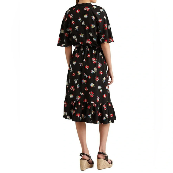Lauren Ralph Lauren Sherolynn Floral Crepe Tie-Neck Midi Dress Black Red Size 8 - Picture 2 of 12